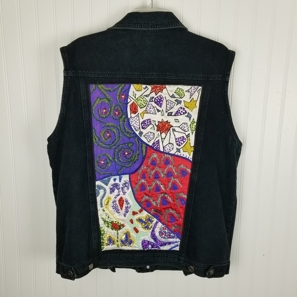 Cedars Womens Heavily Beaded Black Denim Button Vest Large Artsy Boho Vintage - Picture 4 of 12